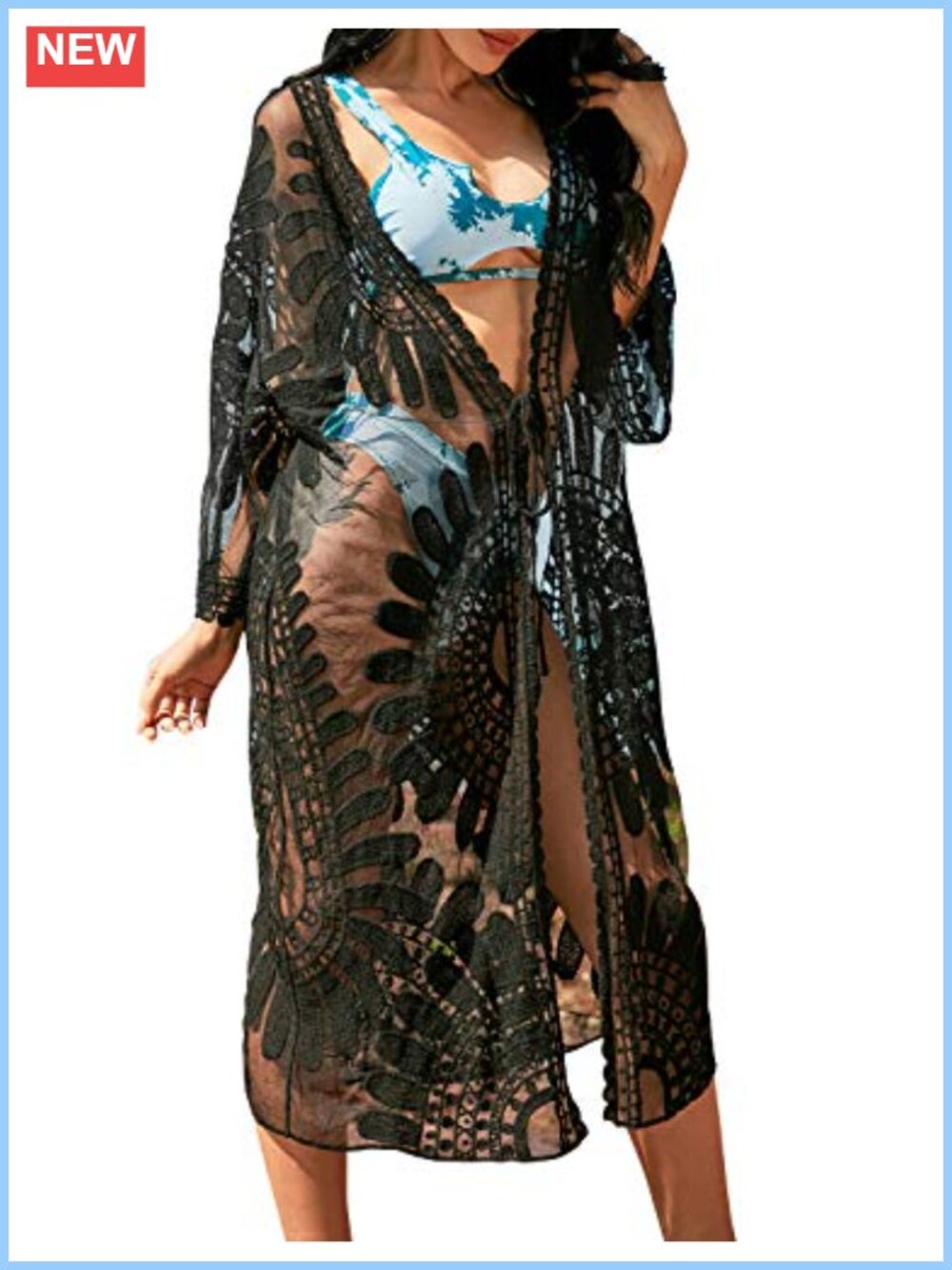Mesh Kimono Beach Cover Up Lace Embroidered 3/4 Sleeve Waist Tie